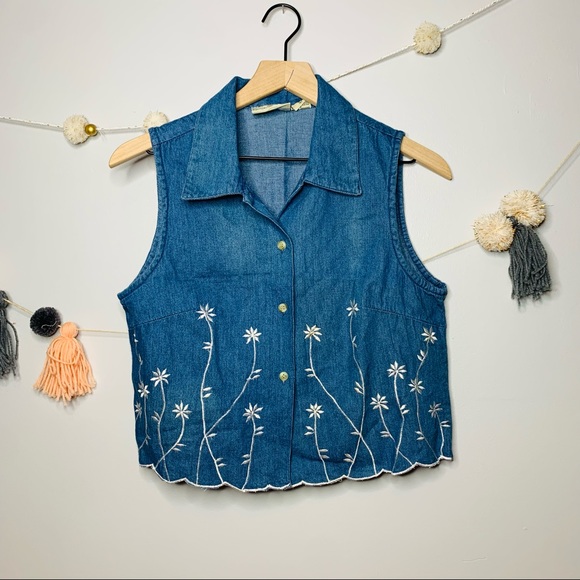 VINTAGE y2k embroidered floral denim crop top tank - Picture 5 of 7